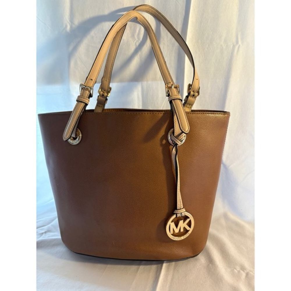 Michael Kors Brown Pebbled Leather Tote Bag Gold Tone MK Charm Shoulder‎ Bag